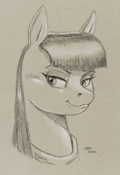 Size: 1000x1460 | Tagged: safe, artist:baron engel, maud pie, earth pony, pony, g4, bust, female, mare, monochrome, pencil drawing, portrait, sketch, smiling, solo, traditional art