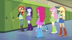 Size: 1100x618 | Tagged: safe, screencap, applejack, fluttershy, pinkie pie, rainbow dash, rarity, sunset shimmer, equestria girls, g4, my little pony equestria girls: friendship games, balloon, bedroom eyes, boots, bracelet, clothes, cowboy boots, door, eyes closed, female, hallway, hand on hip, hands together, high heel boots, humane five, humane six, jacket, jewelry, leather jacket, lockers, mane six, raised leg, socks, wristband