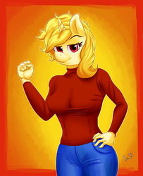 Size: 2480x3057 | Tagged: safe, artist:passigcamel, oc, oc only, oc:melina, unicorn, anthro, anthro oc, clothes, gradient background, hand on hip, high res, jeans, pants, solo, sweater, tight clothing