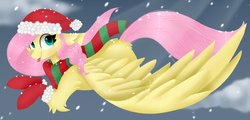Size: 2982x1436 | Tagged: safe, artist:derp-berry, fluttershy, pegasus, pony, g4, clothes, female, flying, hat, santa hat, scarf, snow, snowfall, solo, tongue out