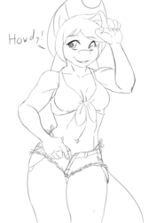 Size: 1344x1900 | Tagged: safe, artist:the-unicorn-lord, applejack, earth pony, anthro, g4, abs, belly button, clothes, daisy dukes, front knot midriff, midriff, monochrome, patreon reward, shorts, sketch, thing