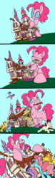 Size: 1200x3888 | Tagged: safe, artist:mr square, artist:tsitra360, berry punch, berryshine, carrot cake, cup cake, pinkie pie, twilight sparkle, alicorn, earth pony, pony, g4, colored lineart, comic, macro, sugarcube corner, twilight sparkle (alicorn)