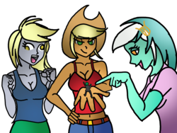 Size: 2000x1500 | Tagged: safe, artist:mr square, applejack, derpy hooves, lyra heartstrings, oc, oc:anon, equestria girls, g4, belly button, clothes, colored lineart, micro, midriff, size difference, tank top