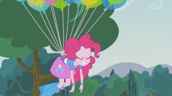 Size: 400x224 | Tagged: safe, pinkie pie, equestria girls, g4, my little pony equestria girls: friendship games, pinkie spy (short), balloon, boots, bracelet, clothes, eyes closed, floating, high heel boots, jewelry, skirt, then watch her balloons lift her up to the sky, tree