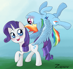 Size: 2029x1921 | Tagged: safe, artist:zaponator, rainbow dash, rarity, pegasus, pony, unicorn, g4, blushing, butt touch, feathermarking, female, lesbian, mare, ship:raridash, shipping