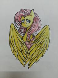 Size: 720x960 | Tagged: safe, artist:minatosui, fluttershy, g4, bust, female, flower, looking away, looking sideways, portrait, simple background, smiling, solo, spread wings, traditional art