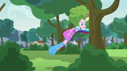 Size: 1280x720 | Tagged: safe, screencap, pinkie pie, rainbow dash, equestria girls, g4, my little pony equestria girls: friendship games, pinkie spy (short), balloon, boots, bracelet, bush, clothes, high heel boots, jewelry, legs, open mouth, pictures of legs, skirt, tree, wristband