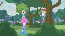 Size: 400x224 | Tagged: safe, pinkie pie, rainbow dash, equestria girls, g4, my little pony equestria girls: friendship games, pinkie spy (short), boots, bracelet, bush, high heel boots, jewelry, tree, wristband