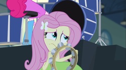 Size: 1100x618 | Tagged: safe, screencap, fluttershy, pinkie pie, equestria girls, g4, my little pony equestria girls: rainbow rocks, boot, clothes, drum kit, drums, female, musical instrument, scared, skirt, tambourine