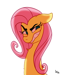 Size: 871x1054 | Tagged: safe, artist:littmosa, fluttershy, g4, bust, evil smile, eyebrows, female, floppy ears, grin, looking away, looking sideways, portrait, simple background, smiling, solo, white background