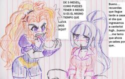 Size: 1134x715 | Tagged: safe, artist:elgatosabio, adagio dazzle, sonata dusk, equestria girls, g4, angry, blushing, breasts, cleavage, duo, female, implied pregnancy, lined paper, open mouth, spanish, spanish text, traditional art