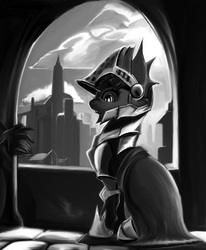 Size: 796x964 | Tagged: safe, artist:ponsce, oc, oc only, pony, armor, cape, clothes, fantasy class, female, grayscale, knight, mare, monochrome, solo, warrior