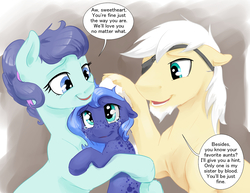 Size: 1280x989 | Tagged: safe, artist:silfoe, princess luna, oc, oc:arbora, earth pony, pony, royal sketchbook, g4, crying, cute, dialogue, eyepatch, family, father, father and daughter, female, freckles, lunabetes, male, mare, mother, mother and daughter, silfoe is trying to murder us, stallion, younger
