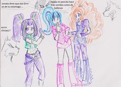 Size: 3057x2203 | Tagged: safe, artist:elgatosabio, adagio dazzle, aria blaze, sonata dusk, wolf, equestria girls, g4, clothes, female, high res, simple background, skirt, spanish, the dazzlings, traditional art, translated in the description, trio