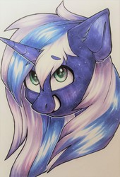 Size: 1688x2482 | Tagged: safe, artist:segraece, oc, oc only, oc:moonlight, pony, unicorn, bust, commission, female, mare, multicolored hair, simple background, smiling, solo, traditional art