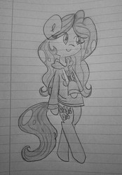 Size: 805x1158 | Tagged: safe, artist:mistytails10, fluttershy, pony, g4, bipedal, bottomless, clothes, female, hoodie, lined paper, looking away, monochrome, partial nudity, smiling, solo, sweater, sweatershy, traditional art