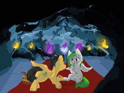 Size: 4000x3000 | Tagged: safe, artist:squishycuddle, oc, oc only, pegasus, pony, cave, couple, crying, crystal heart, engagement, engagement ring, fire, guitar, night guard, oc x oc, shipping, tears of joy, torch