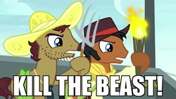 Size: 1280x720 | Tagged: safe, edit, edited screencap, screencap, beuford, mccree, earth pony, pony, appleoosa's most wanted, g4, background pony, beauty and the beast, duo, hat, hoof hold, image macro, male, meme, pitchfork, stallion, torch