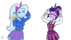 Size: 1280x720 | Tagged: safe, artist:ponut_joe, sci-twi, trixie, twilight sparkle, equestria girls, g4, blushing, breasts, clothes, cropped, explicit source, fake horn, female, glasses, lesbian, open mouth, pony ears, ship:sci-twixie, ship:twixie, shipping, simple background, smiling, white background