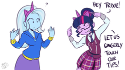 Size: 1280x720 | Tagged: safe, artist:ponut_joe, sci-twi, trixie, twilight sparkle, equestria girls, g4, breasts, clothes, crystal prep academy uniform, dialogue, explicit source, fake horn, female, glasses, looking at each other, necktie, open mouth, pointing, pony ears, school tie, school uniform, schoolgirl, simple background, smiling, white background