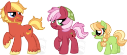 Size: 1024x447 | Tagged: safe, artist:tambelon, oc, oc only, oc:cherry pit, oc:peach fuzz, oc:sweet crispin, pony, facial hair, female, filly, goatee, male, mare, offspring, parent:big macintosh, parent:cheerilee, parents:cheerimac, siblings, simple background, stallion, transparent background, watermark