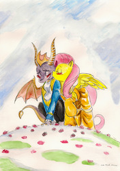Size: 2431x3462 | Tagged: safe, artist:souleatersaku90, fluttershy, dragon, pegasus, pony, g4, beauty and the beast, blushing, cheek kiss, clothes, crack shipping, crossover, crossover shipping, dress, eyes closed, female, flutterspyro, high res, kissing, male, mare, raised hoof, shipping, spread wings, spyro the dragon, spyro the dragon (series), straight, traditional art, watercolor painting