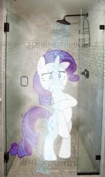 Size: 406x686 | Tagged: safe, rarity, g4, bathroom, blushing, covering, embarrassed, female, implied nudity, naked rarity, shower, solo, steam, we don't normally wear clothes
