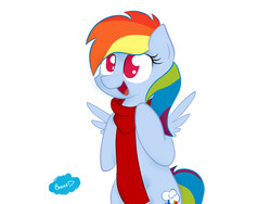 Size: 4000x3000 | Tagged: safe, artist:banned, rainbow dash, pony, g4, bipedal, clothes, cute, dashabetes, female, looking up, no pupils, open mouth, scarf, simple background, smiling, solo, spread wings, white background