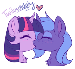 Size: 630x579 | Tagged: safe, artist:lulubell, princess luna, twilight sparkle, alicorn, pony, unicorn, g4, chest fluff, eyes closed, female, freckles, heart, kiss on the lips, kissing, lesbian, s1 luna, ship:twiluna, shipping, simple background, transparent background, twilight sparkle (alicorn)