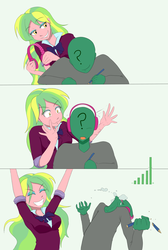 Size: 2550x3800 | Tagged: safe, artist:janji009, lemon zest, oc, oc:anon, equestria girls, g4, my little pony equestria girls: friendship games, :3, anonbuse, clothes, crystal prep academy uniform, duo, ear rape, eyes closed, foaming at the mouth, grin, headphones, high res, pencil, school uniform, smiling, this will end in deafness
