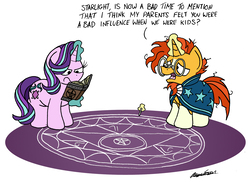 Size: 2299x1671 | Tagged: safe, artist:bobthedalek, starlight glimmer, sunburst, pony, unicorn, celestial advice, g4, annoyed, book, chalk, drawing, duo, female, frown, glare, implied stellar flare, levitation, magic, magic circle, male, mare, messy mane, nervous, open mouth, pentagram, reading, simple background, stallion, summoning circle, telekinesis, this will end in demons, this will end in tears, this will end with two hooves missing and a walking suit of armor, this will not end well, unamused, white background, worried