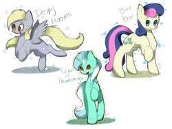 Size: 1600x1200 | Tagged: safe, artist:bubbles906, bon bon, derpy hooves, lyra heartstrings, sweetie drops, pegasus, pony, g4, chest fluff, female, flying, heart, looking at you, mare, open mouth, raised hoof, simple background, smiling, spread wings, tongue out, transparent background