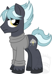 Size: 489x700 | Tagged: safe, artist:tambelon, oc, oc only, oc:stormy forecast, earth pony, pony, clothes, male, shirt, solo, stallion, sweater, turtleneck, watermark