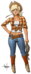 Size: 626x1488 | Tagged: safe, artist:cherrypod, applejack, human, g4, abs, belly button, boots, clothes, female, front knot midriff, humanized, jeans, midriff, pants, rope, simple background, solo, straw, tank top, transparent background