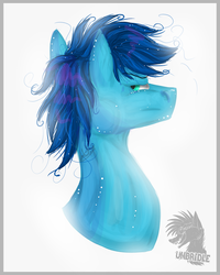 Size: 754x942 | Tagged: safe, artist:unbridle, oc, oc only, oc:cerulean circuit, blue mane, bust, green eyes, looking back, portrait