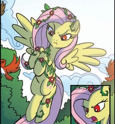 Size: 409x441 | Tagged: safe, artist:tonyfleecs, idw, official comic, fluttershy, pegasus, pony, g4, ponies of dark water, spoiler:comic, spoiler:comic44, angry, comic, cropped, female, flying, mare, poison ivyshy, red eyes, solo, speech bubble, spread wings, vine, wings