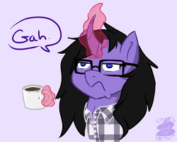 Size: 1024x819 | Tagged: safe, artist:umbraamethyst, oc, oc only, oc:umbra amethyst, pony, unicorn, coffee, coffee mug, curved horn, female, flannel, glasses, grumpy, horn, magic, mug, not a morning pony, ponysona, solo