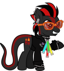 Size: 931x1039 | Tagged: safe, artist:lightningbolt, derpibooru exclusive, oc, oc only, oc:effervescent glow, hybrid, original species, pony, g4, .svg available, chains, choker, clandestine industries, clothes, cobra starship, cutie mark, ear piercing, earring, emo, glowstick, grin, happy, hoodie, jewelry, male, necklace, open mouth, piercing, raised hoof, safety pin, salamander pony, show accurate, shutter shades, simple background, smiling, solo, spiked choker, spiked wristband, stallion, sunglasses, svg, transparent background, vector, wristband