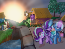 Size: 1024x770 | Tagged: safe, artist:veesocks, starlight glimmer, trixie, oc, oc:elyon, oc:spider solitare, oc:zipperfloat, pony, unicorn, g4, female, food, friends, ice cream, mare, outdoors, painting, sunset, wagon