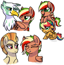 Size: 690x700 | Tagged: safe, artist:tambelon, oc, oc only, oc:gregory, oc:jazz apple, oc:sky bound, oc:zap apple, griffon, pegasus, pony, brother and sister, colt, female, filly, magical lesbian spawn, male, oc x oc, offspring, offspring shipping, parent:applejack, parent:gilda, parent:greta, parent:rainbow dash, parents:appledash, shipping, siblings, sketch, sketch dump, straight, watermark