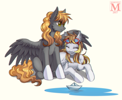 Size: 1228x1000 | Tagged: safe, artist:margony, oc, oc only, pegasus, pony, commission, duo, eyes closed, female, goggles, mare, paper boat, prone, sitting, smiling, spread wings