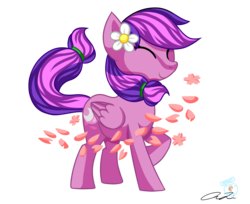 Size: 1380x1124 | Tagged: safe, artist:iheartjapan789, oc, oc only, earth pony, pony, eyes closed, female, flower, flower in hair, mare, raised hoof, simple background, solo, transparent background, wind