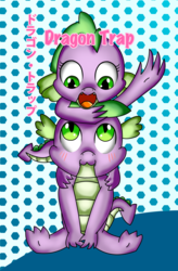 Size: 1984x3031 | Tagged: dead source, safe, artist:chiptunebrony, spike, dragon, g4, adorkable, arms in the air, barb, barbabetes, blushing, cover art, cute, cuteness overload, dork, doujin, fake, japanese, katakana, looking at each other, looking down, looking up, on the floor, on top, rule 63, rule63betes, self dragondox, ship:spikebarb, shipping, sitting, smiling, spikabetes, text, title, waving