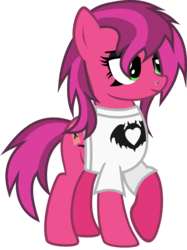 Size: 720x962 | Tagged: safe, artist:lightningbolt, derpibooru exclusive, oc, oc only, oc:revision, earth pony, pony, g4, .svg available, clandestine industries, clothes, cutie mark, emo, eyeshadow, female, hair over one eye, lidded eyes, makeup, mare, nose piercing, piercing, raised hoof, shirt, show accurate, simple background, smiling, solo, svg, t-shirt, transparent background, vector