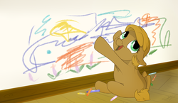 Size: 1280x744 | Tagged: safe, artist:rutkotka, oc, oc only, crayon, drawing, female, filly, solo, wall