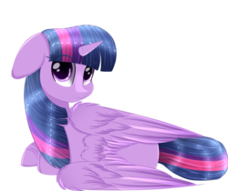 Size: 1024x860 | Tagged: dead source, safe, artist:php146, twilight sparkle, alicorn, pony, g4, :3, cute, eye clipping through hair, female, floppy ears, fluffy, looking at you, looking back, looking back at you, mare, on side, rear view, simple background, smiling, solo, transparent background, twiabetes, twilight sparkle (alicorn), wing fluff