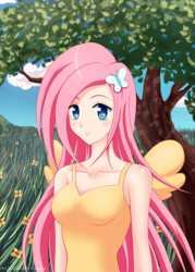 Size: 1357x1900 | Tagged: safe, artist:draftkid, fluttershy, human, g4, cute, female, humanized, looking at you, shyabetes, smiling, solo, tree