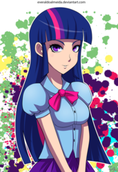 Size: 1080x1578 | Tagged: safe, artist:draftkid, twilight sparkle, human, equestria girls, g4, my little pony equestria girls, abstract background, female, human coloration, humanized, looking at you, smiling, solo