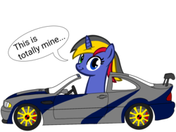 Size: 1600x1200 | Tagged: safe, artist:toyminator900, oc, oc only, oc:wheelie rims, pony, unicorn, bmw, bmw e46, bmw m3, bmw m3 gtr, car, faic, female, heterochromia, looking at you, mare, need for speed, need for speed: most wanted, simple background, smiling, smirk, solo, speech bubble, transparent background, twiface