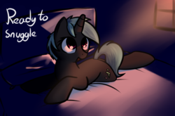 Size: 1280x846 | Tagged: safe, artist:neuro, oc, oc only, object pony, original species, pony, unicorn, bed, bedroom, crepuscular rays, cute, dark, dialogue, female, imminent snuggles, internet pony, looking up, mare, open mouth, ponified, prone, smiling, solo, window